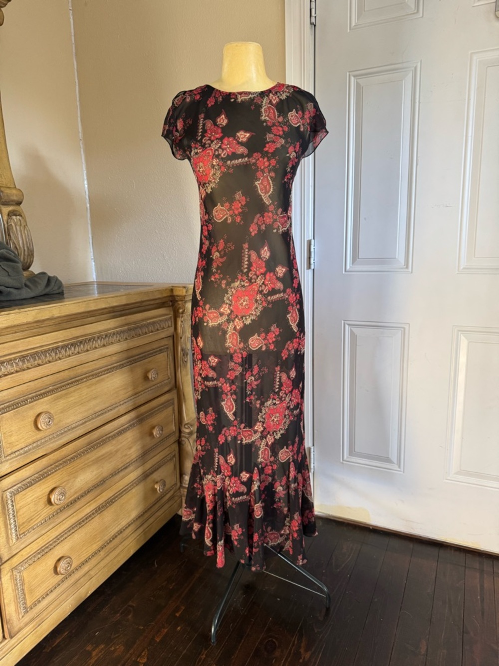 Gina Bacconi Red Black Maxi Dress Size S Y2K Floral Dress Carrie Bradshaw‎ Style